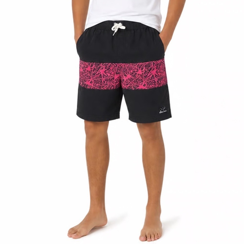Big Chill Swim Trunks Boys 6 Black Pink Geometric Palm Excellent
